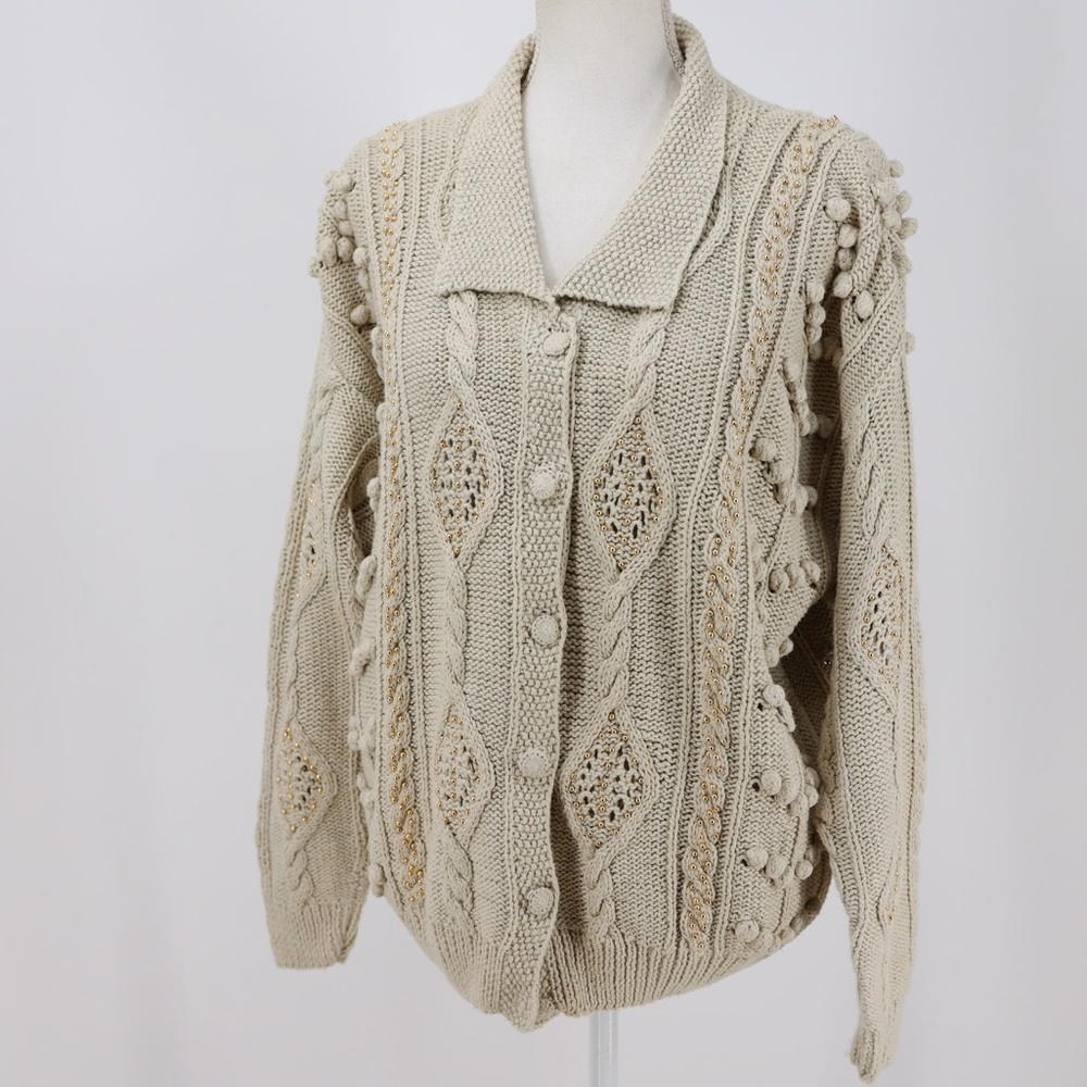 Vintage Casual Corner Hand Knit Ramie Cotton Cable Knit Cardigan Oatmeal Size M
